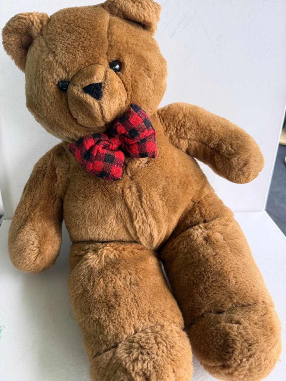 Plush Brown Teddy Bear with Red Plaid Bow - Soft Stuffed Animal